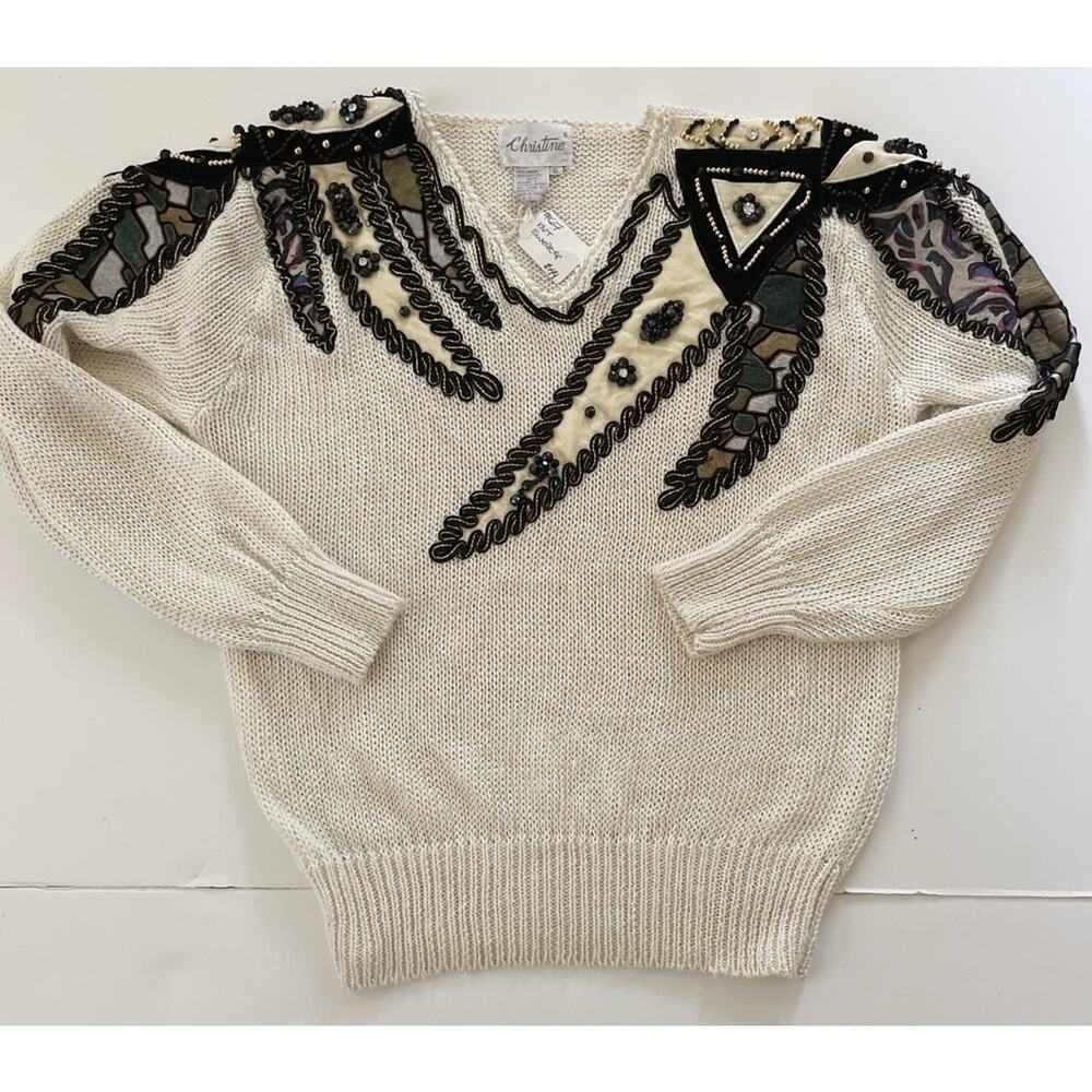 Christine VTG Sweater Women S White Leather Rhinestones 80s Patched Beaded